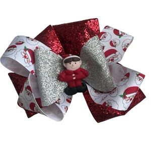 Sparkling Red and Silver Santa Bow for Kids